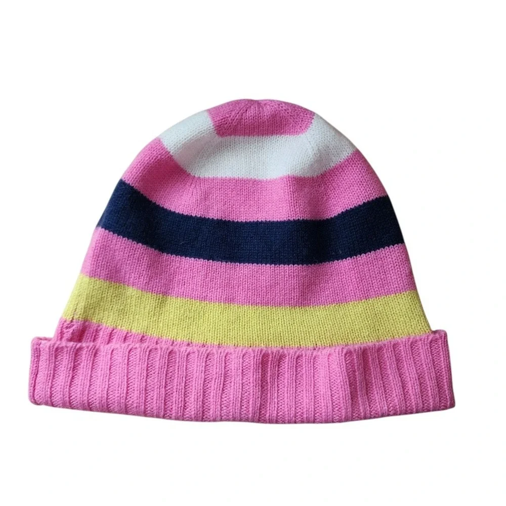 J.CREW VINTAGE Y2K Cashmere Striped Knit Beanie Pink Yellow Navy‎ Preppy